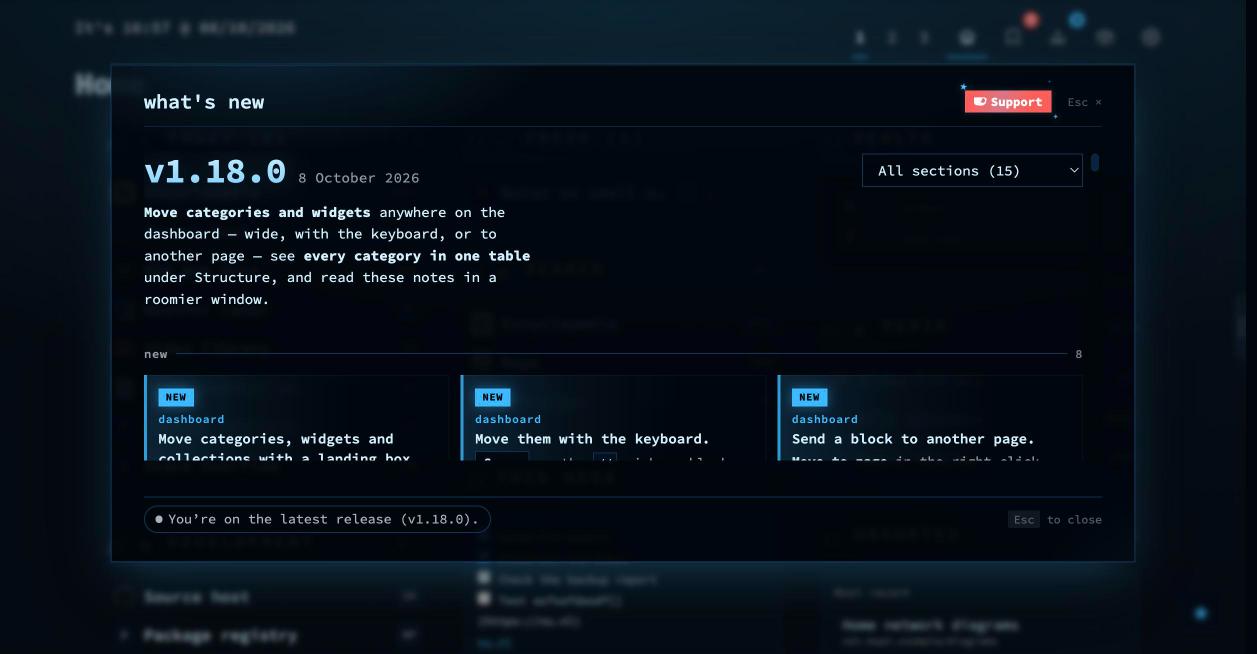 The rebuilt What's new window in nextDash showing v1.18.0 as cards