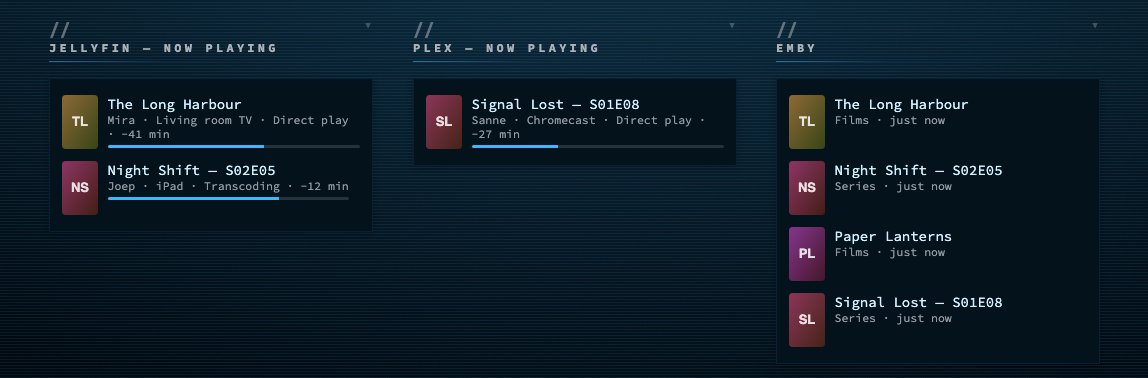 Jellyfin and Plex Now playing tiles and an Emby tile on the nextDash dashboard